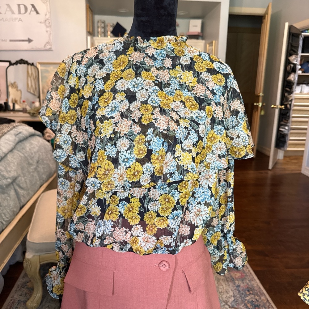 Zara Black Floral Ruffle Blouse with Yellow & Light Blue Flowers